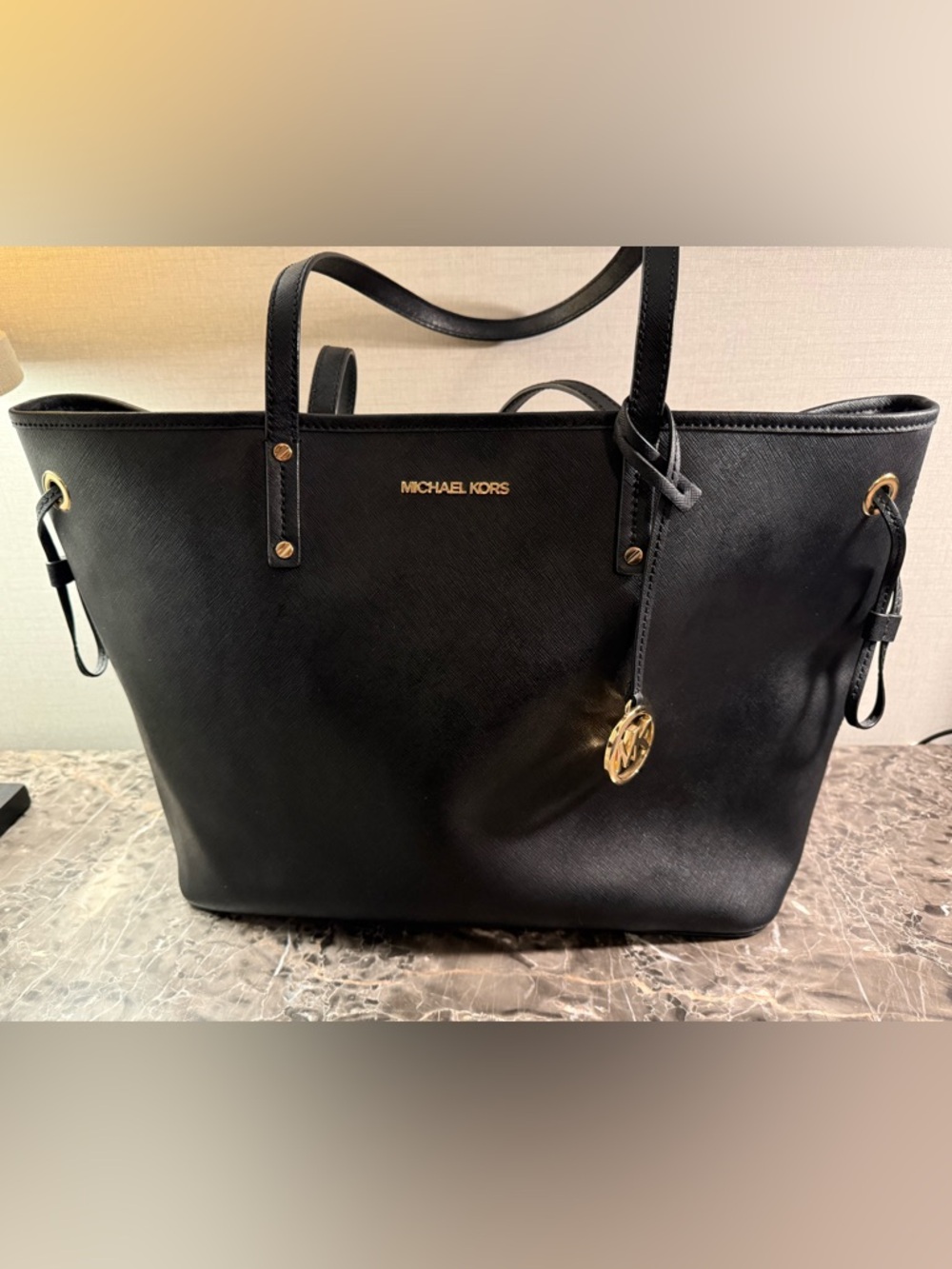 Michael Kors Black Leather Tote with Gold Hardware
